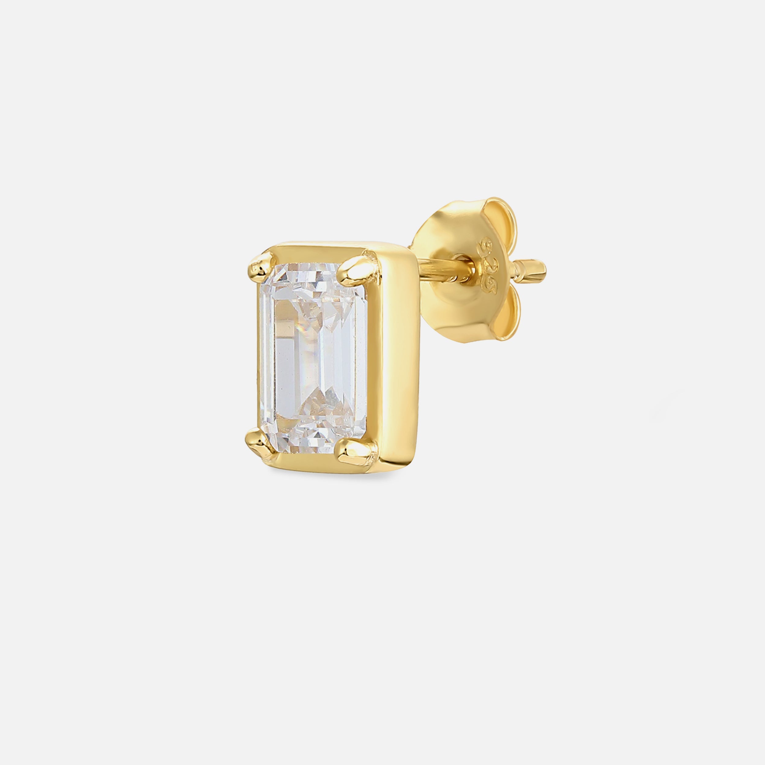 White Emerald Cut Stud - Gold
