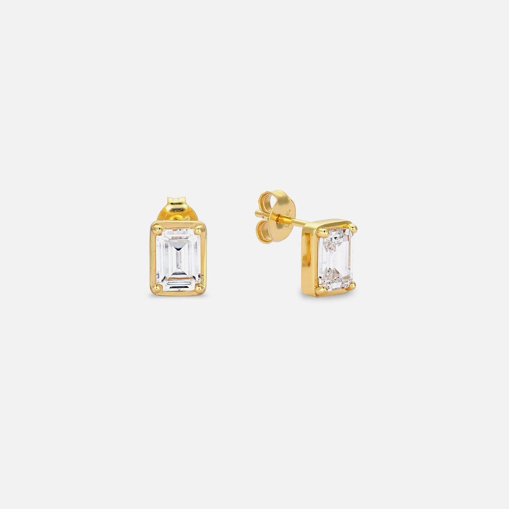 White Emerald Cut Stud - Gold