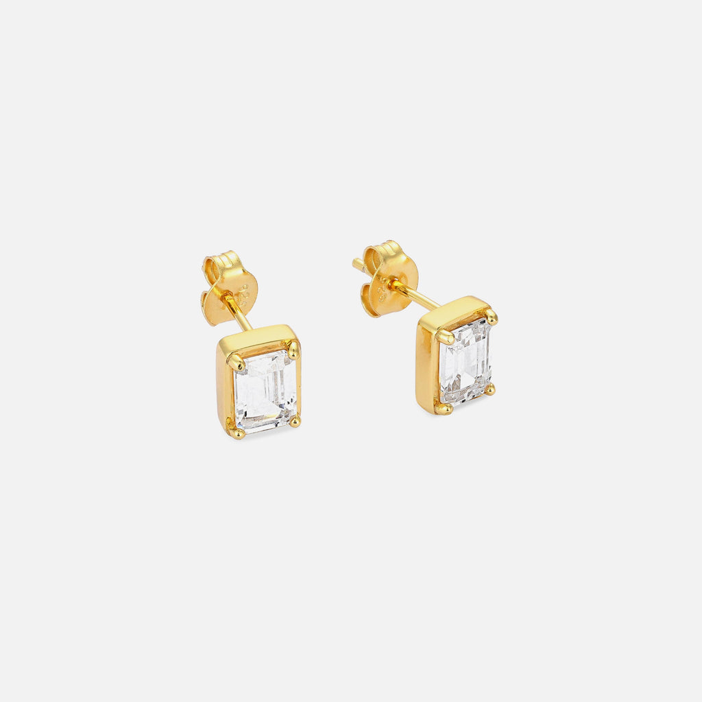 White Emerald Cut Stud - Gold