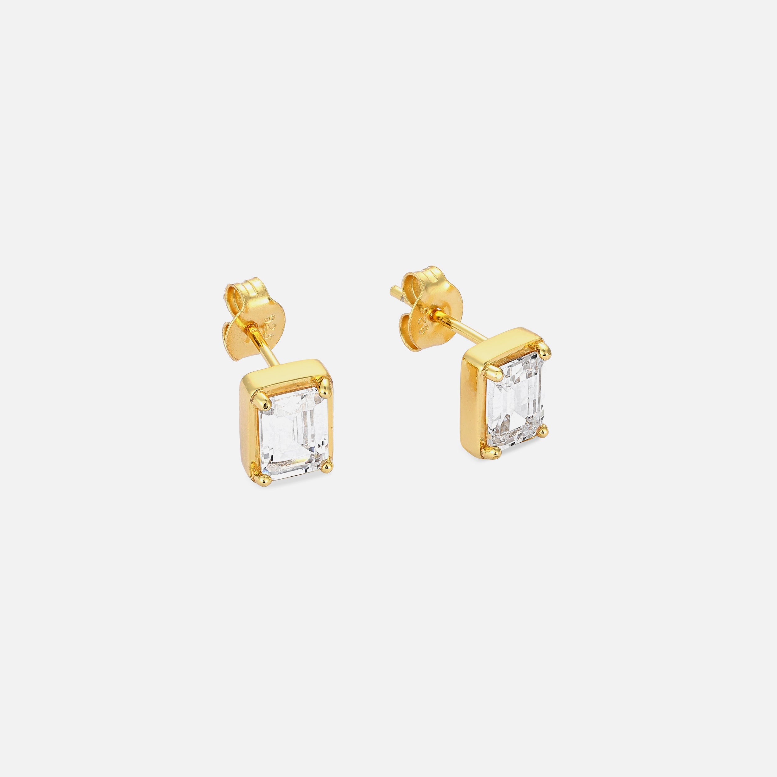 White Emerald Cut Stud - Gold