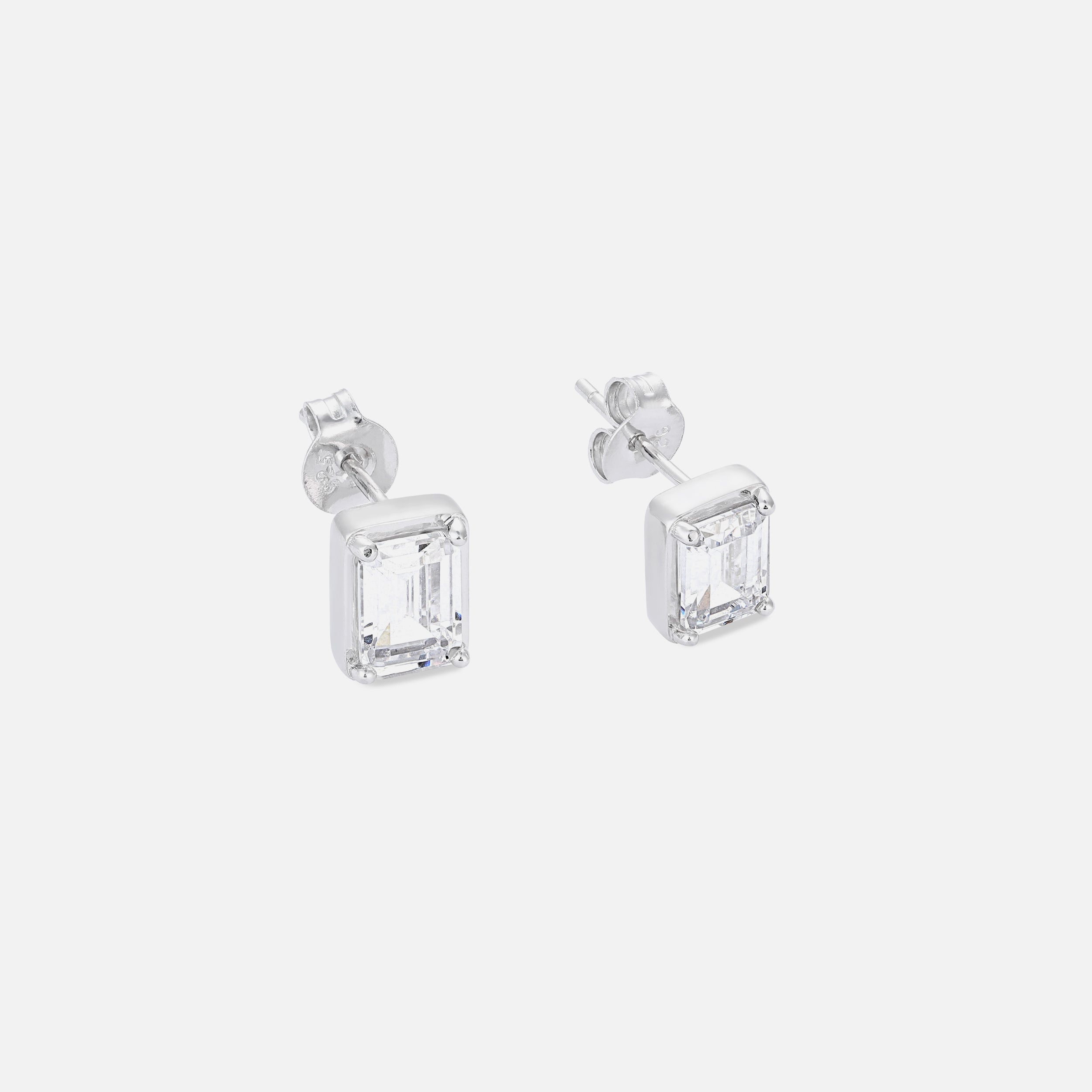 White Emerald Cut Stud - Silver