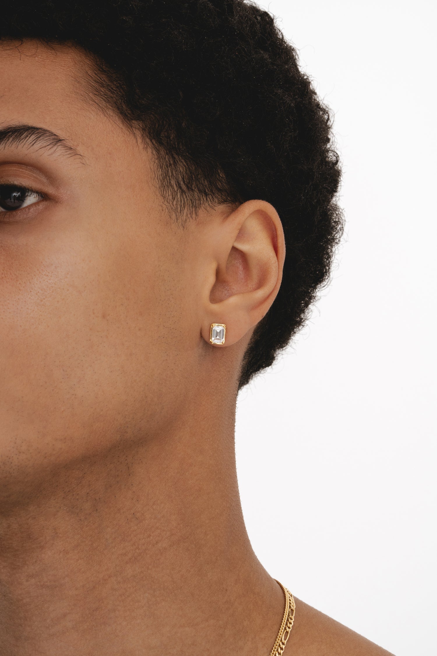 White Emerald Cut Stud - Gold