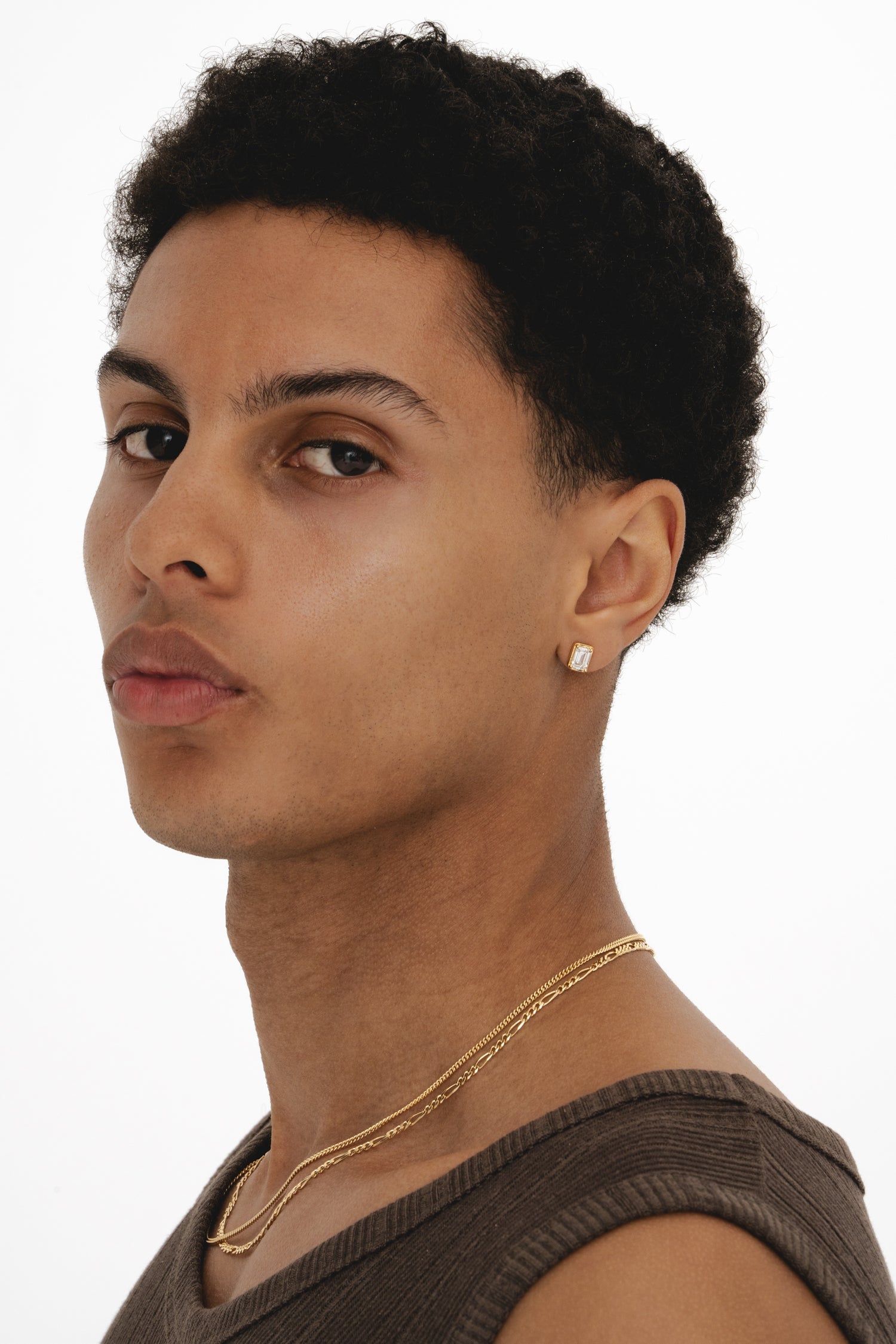 White Emerald Cut Stud - Gold