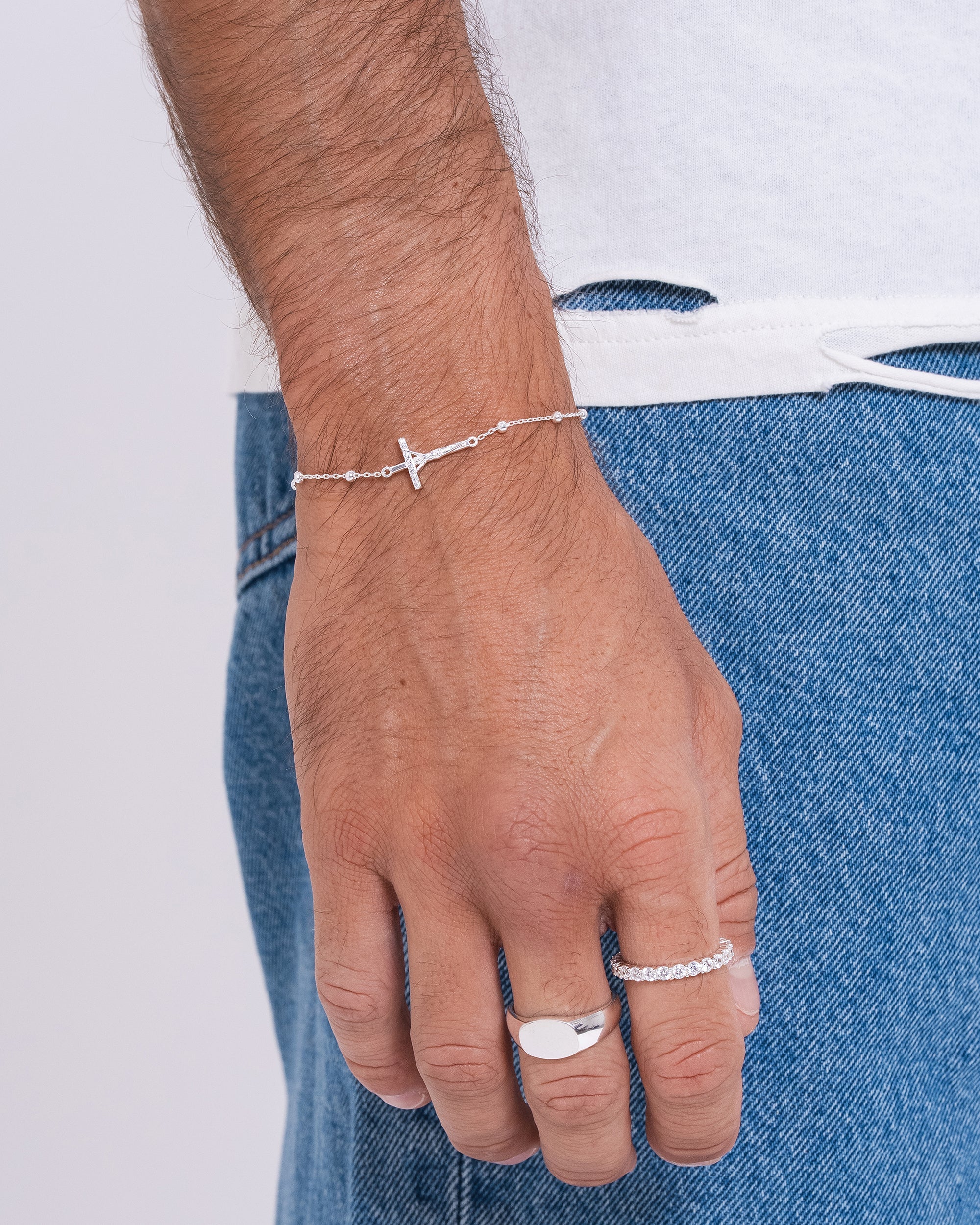 Studded Cross Ball Bracelet - Silver